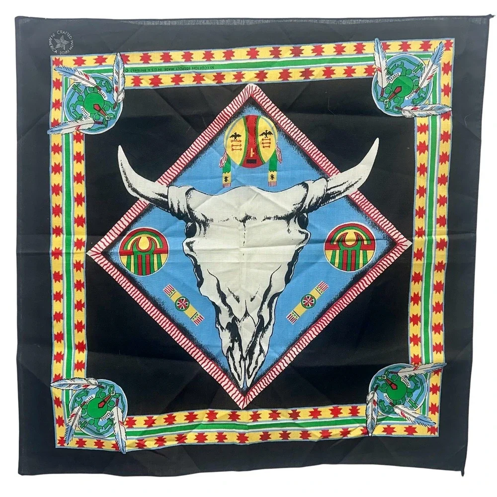 Vtg  American Indian Steer Skull Black Western‎ Bandana Decor Made In USA 16463